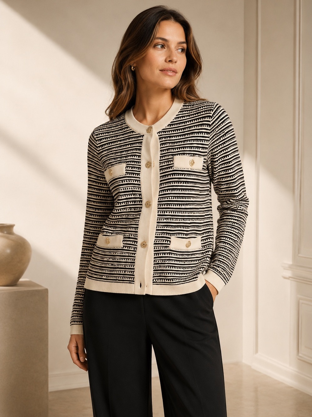 NWOT Paris Black Cream Striped Knit Cardigan Gold Buttons Size S